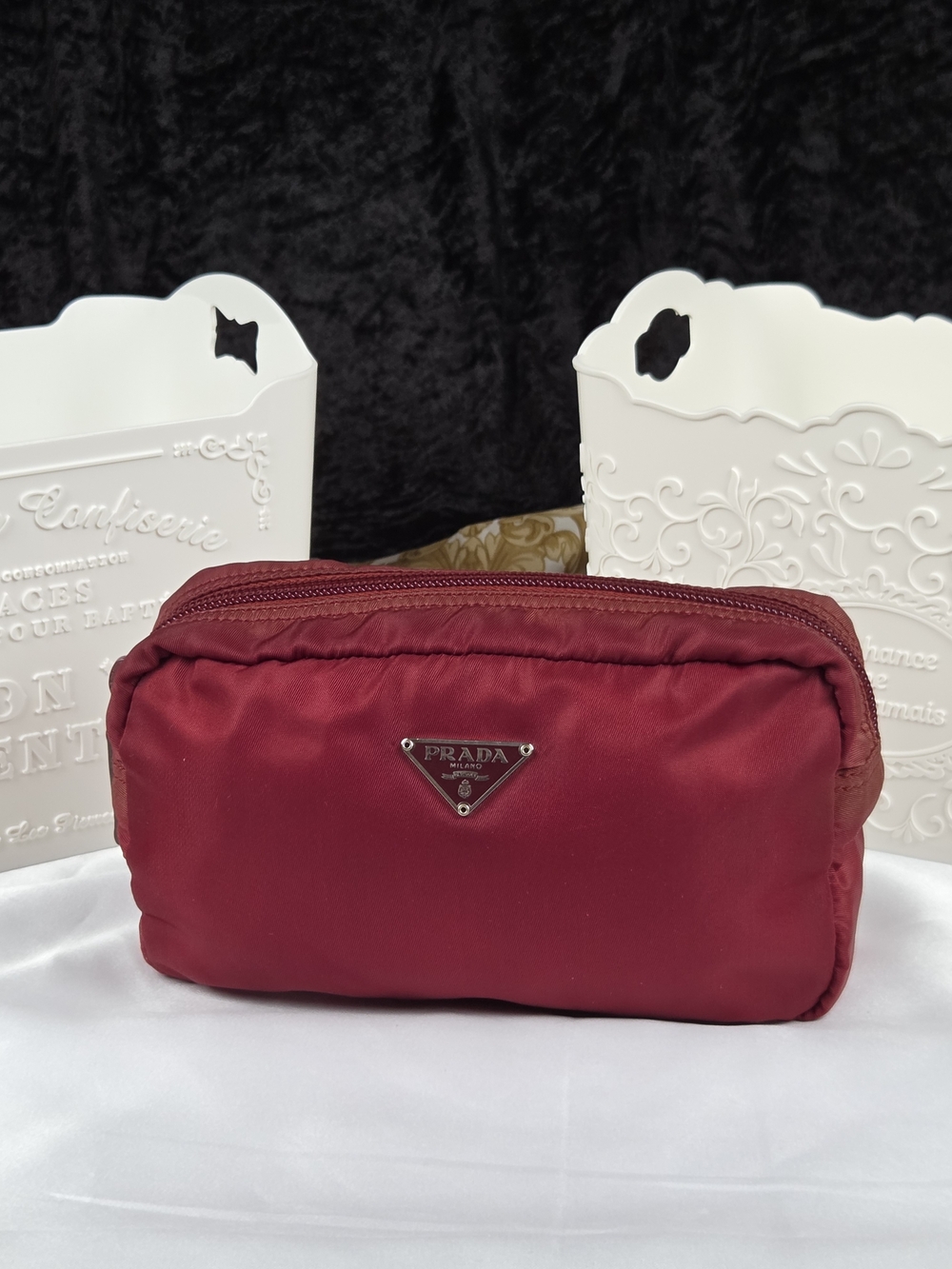 Prada Milano Red Nylon Cosmetic Makeup Pouch Travel Case Zip Bag Authentic Italy